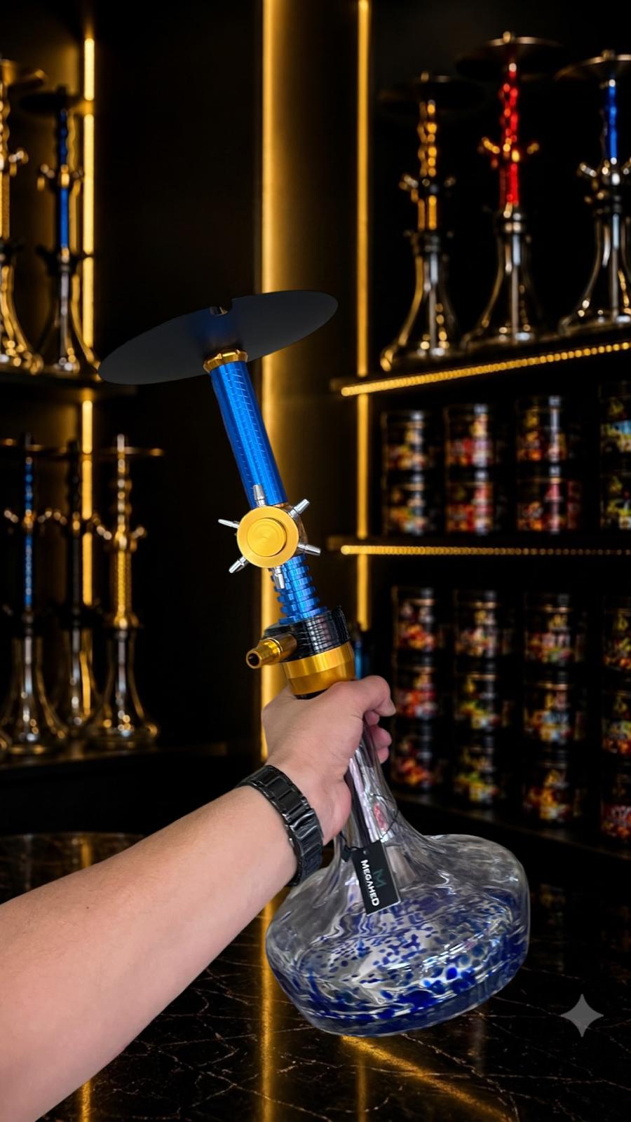 Megahed mavi metalik şaftlı, altın vana detaylı nargile takımı